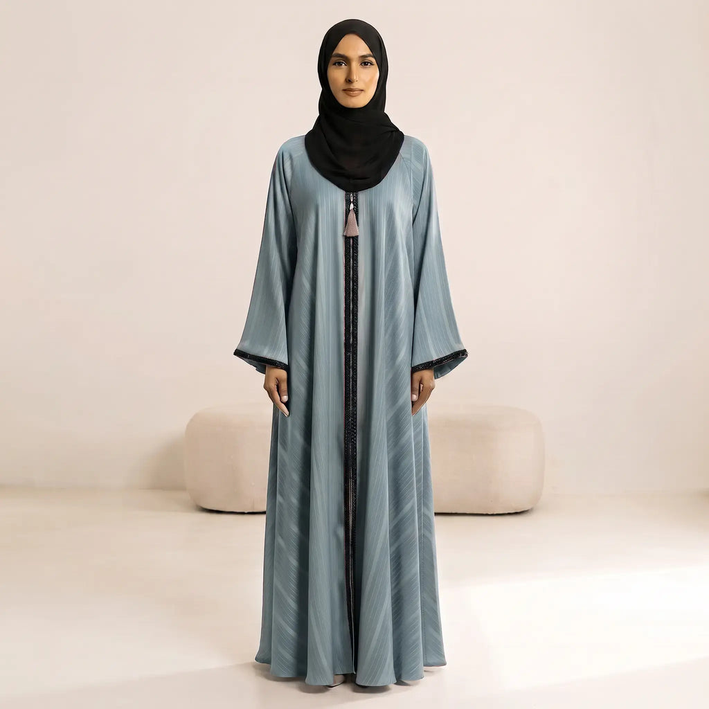 Beaded Herringbone Trim Tassel Front Open Abaya – 2-Piece Set