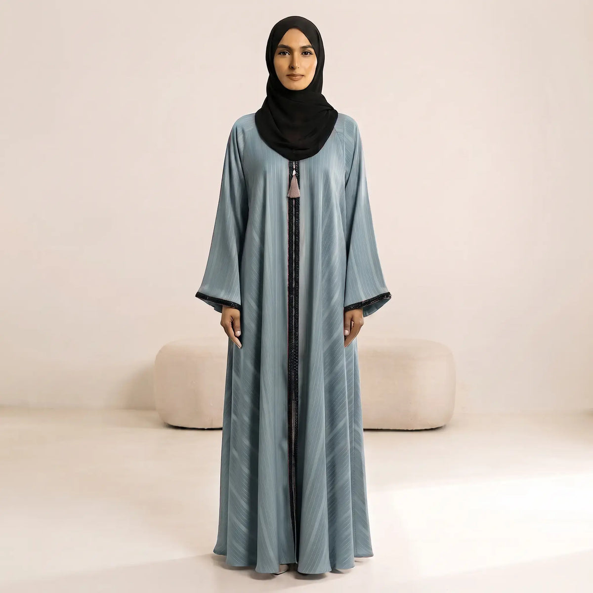 Beaded Herringbone Trim Tassel Front Open Abaya – 2-Piece Set