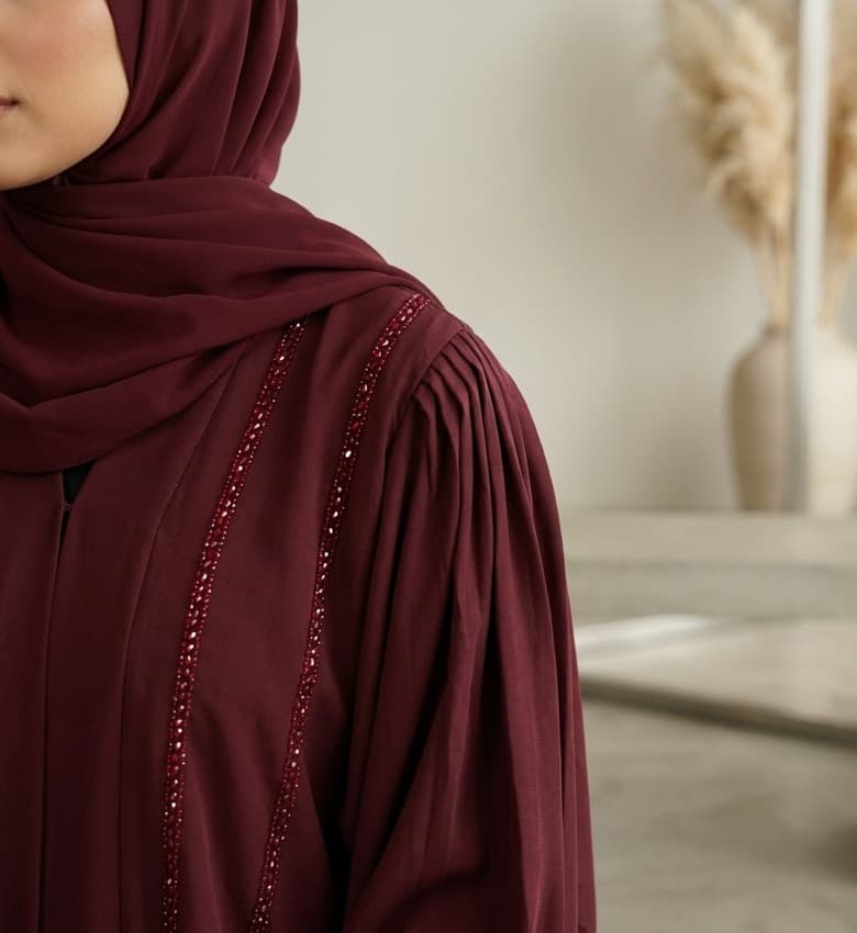 Stone Shimmer Pleated Sleeve Front Open Abaya – 2-Piece Luxury Party Wear Modest Fashion Canada