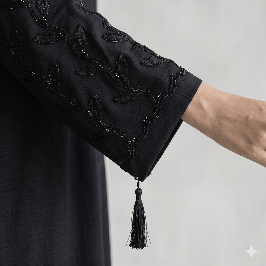 Tassel & Bead Trim Abaya with Scarf – 2 Piece Set