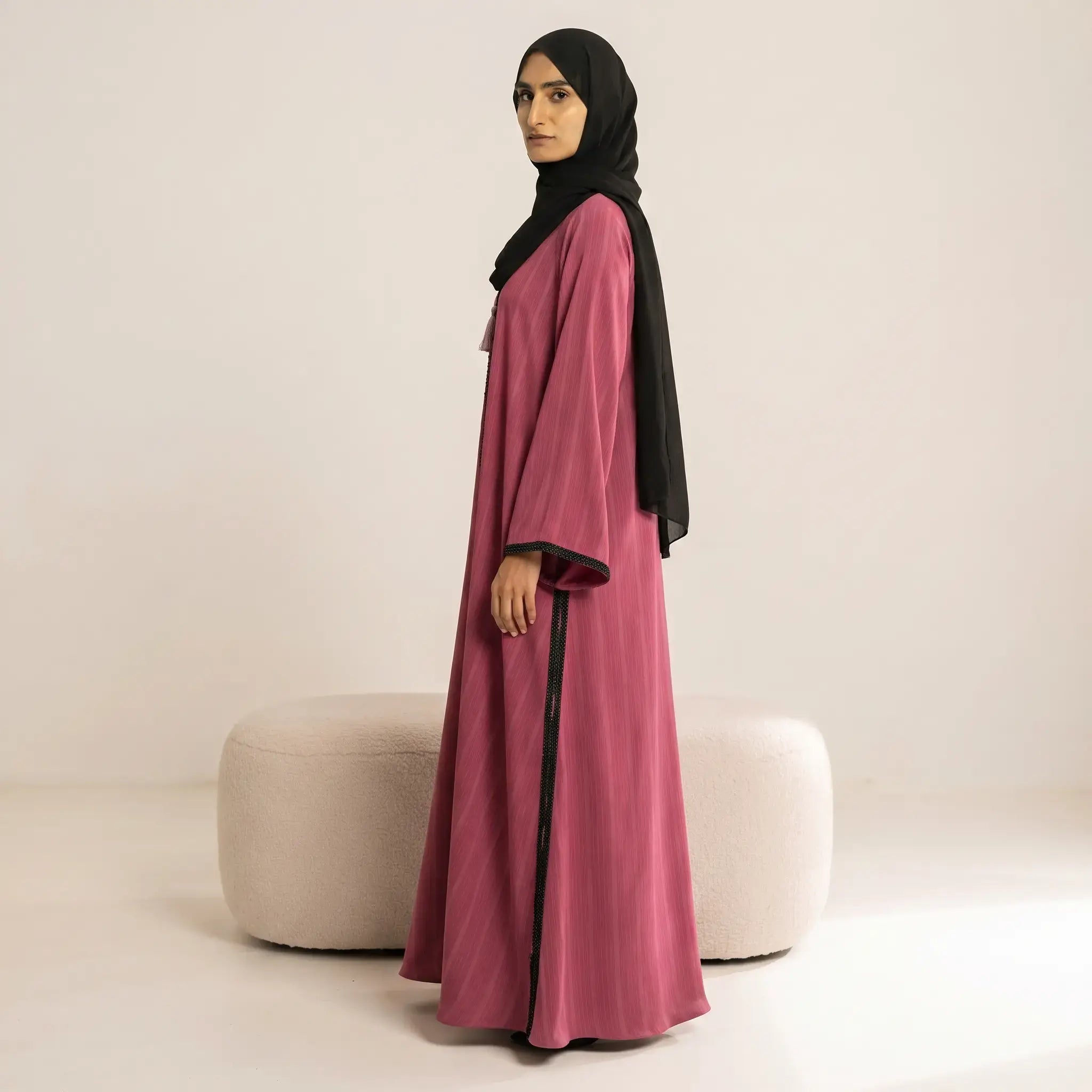 Beaded Herringbone Trim Tassel Front Open Abaya – 2-Piece Set