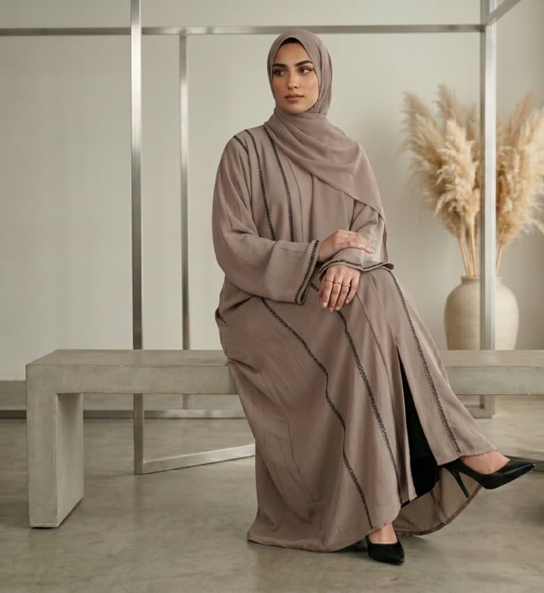 Stone Shimmer Pleated Sleeve Front Open Abaya – 2-Piece Luxury Party Wear Modest Fashion Canada