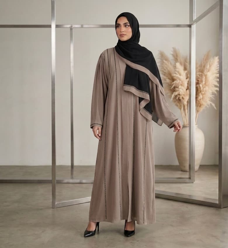 Stone Shimmer Pleated Sleeve Front Open Abaya – 2-Piece Luxury Party Wear Modest Fashion Canada