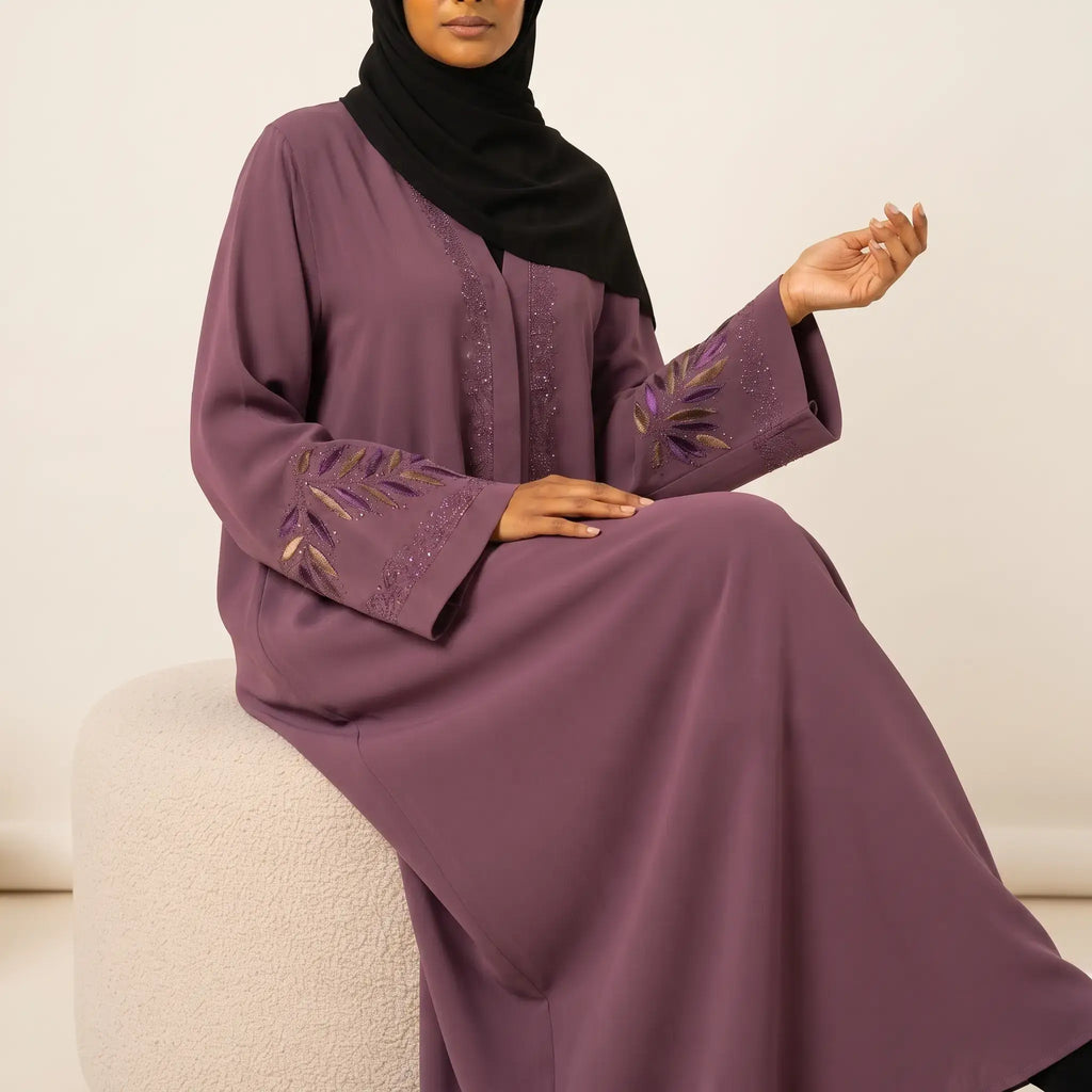 Spiral Stone Trail Vine Embroidered Corner Abaya – 2-Piece Front Open Set
