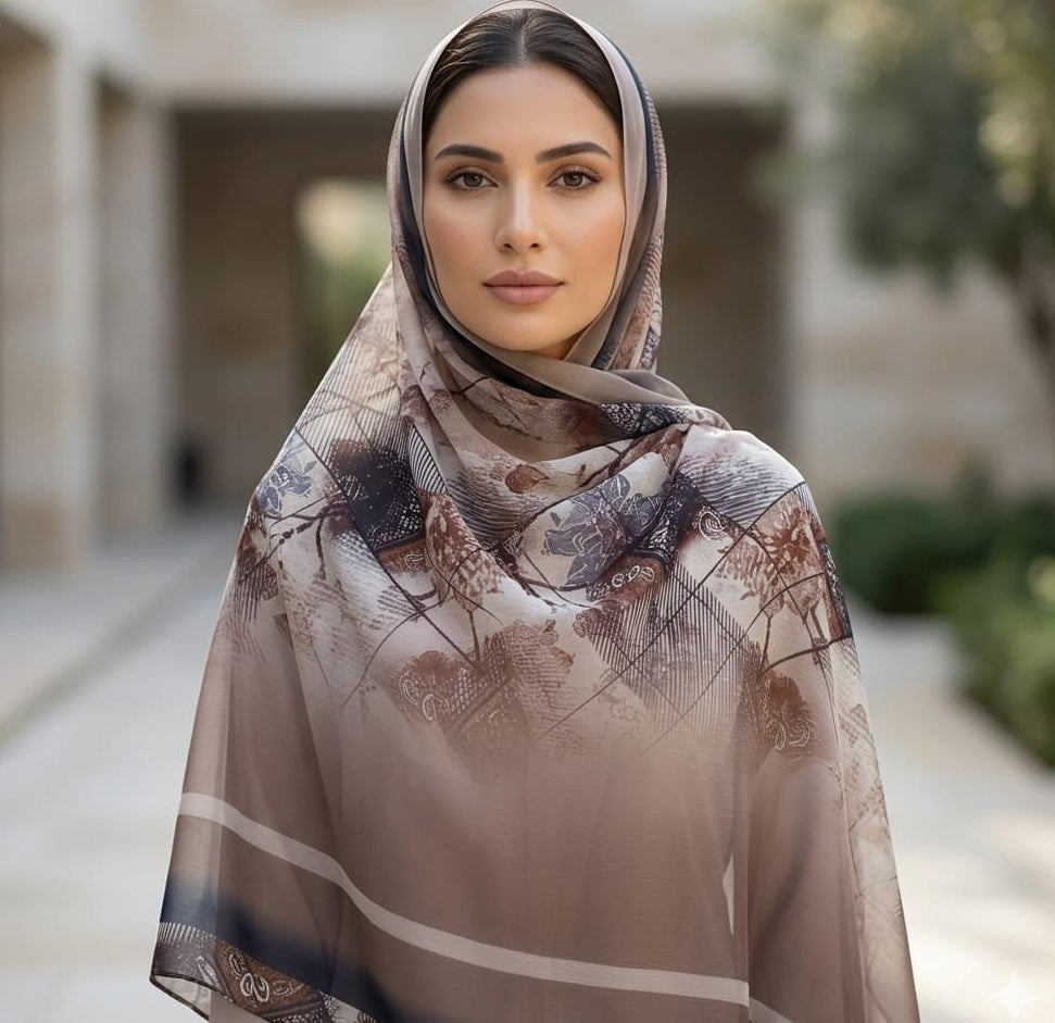 Taupe Floral Crosshatch Print Chiffon Scarf – Hijab