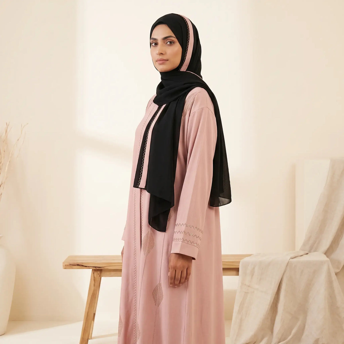 Diamond Bead & Zigzag Pleat Front Open Abaya in Sand/Greige – full length front