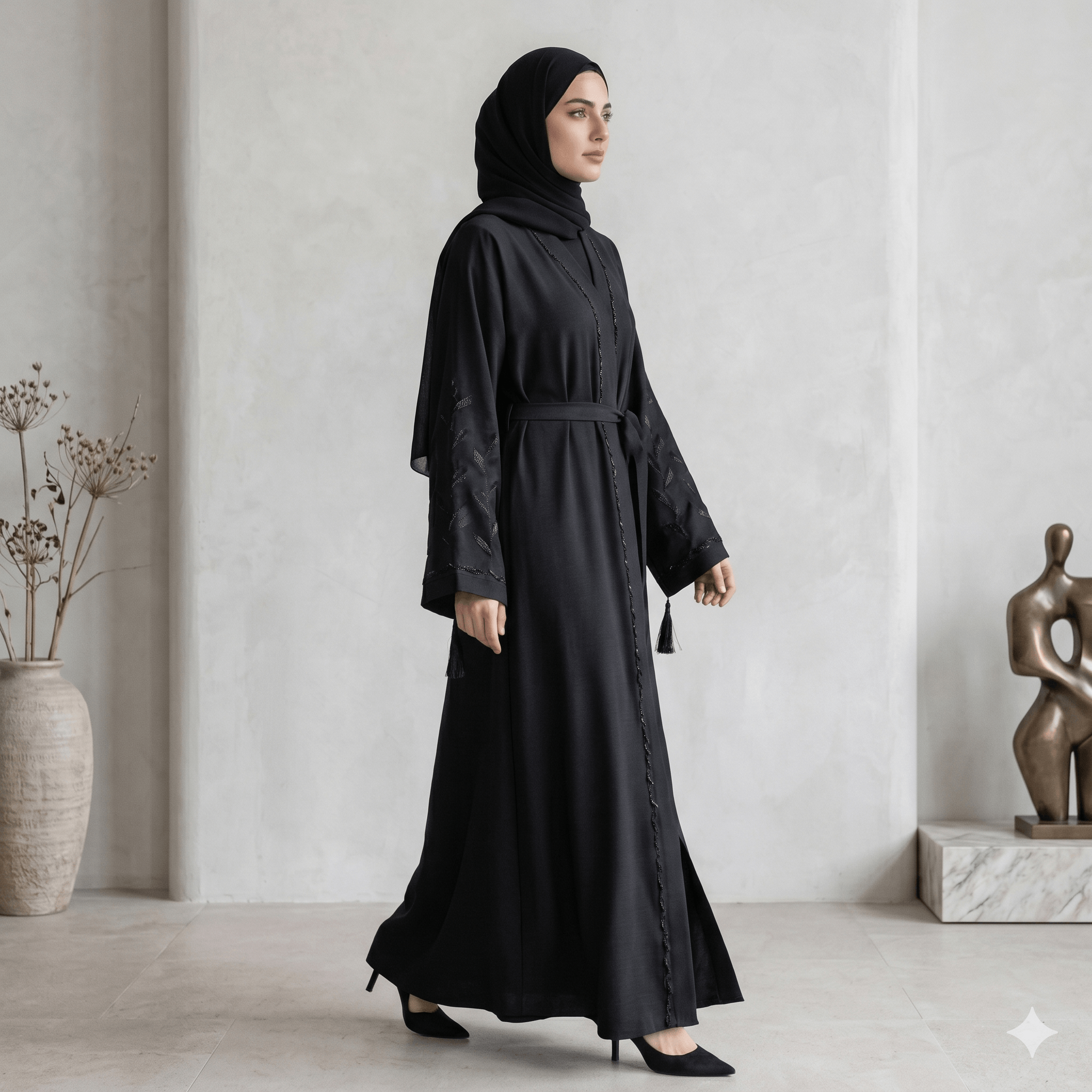 Tassel & Bead Trim Abaya with Scarf – 2 Piece Set