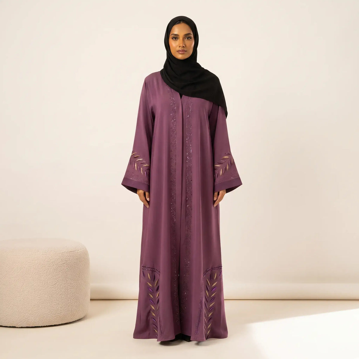 Spiral Stone Trail Vine Embroidered Corner Abaya – 2-Piece Front Open Set