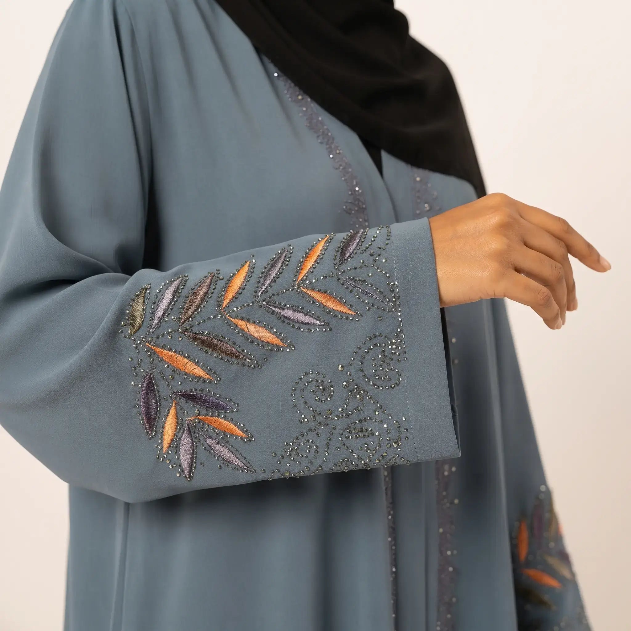 Spiral Stone Trail Vine Embroidered Corner Abaya – 2-Piece Front Open Set