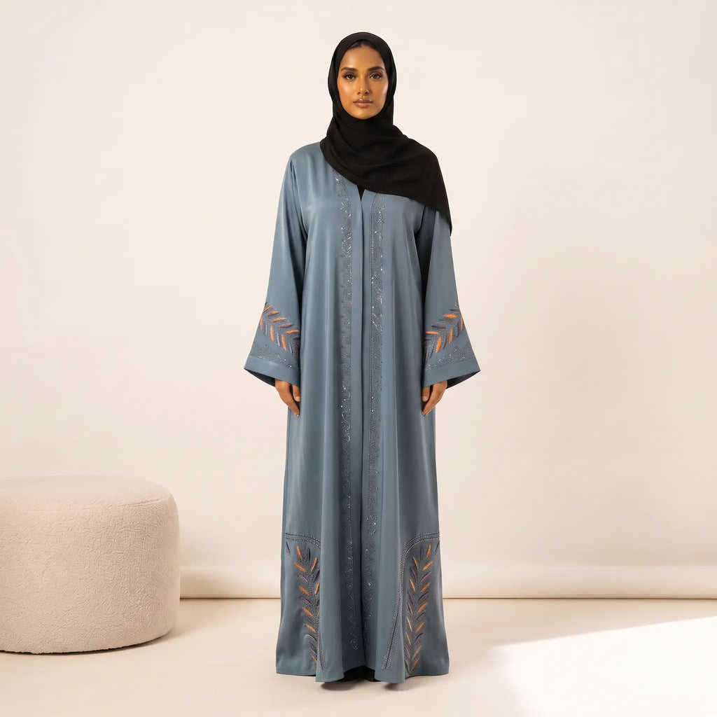 Spiral Stone Trail Vine Embroidered Corner Abaya – 2-Piece Front Open Set