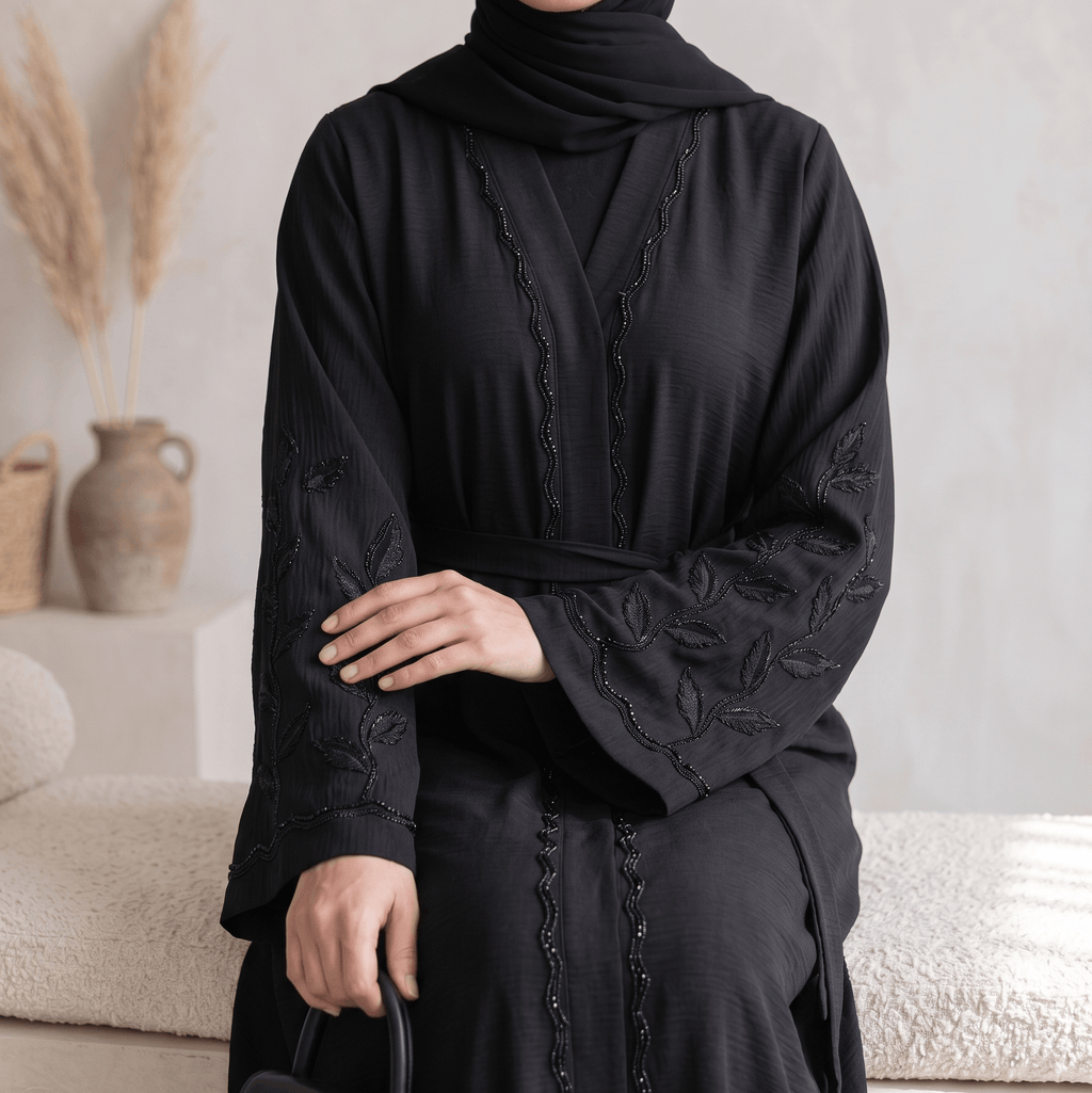 Tassel & Bead Trim Abaya with Scarf – 2 Piece Set
