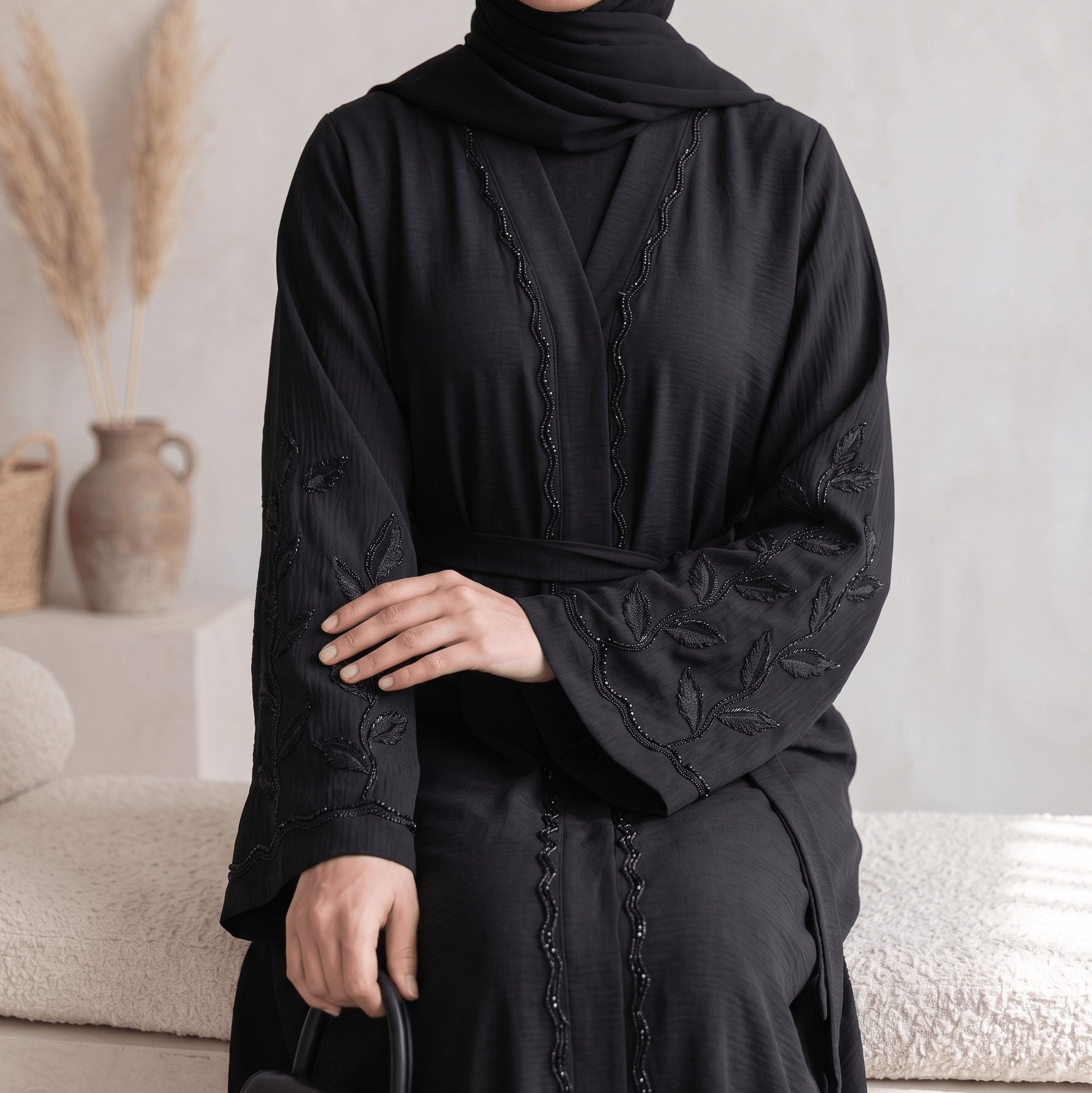 Tassel & Bead Trim Abaya with Scarf – 2 Piece Set