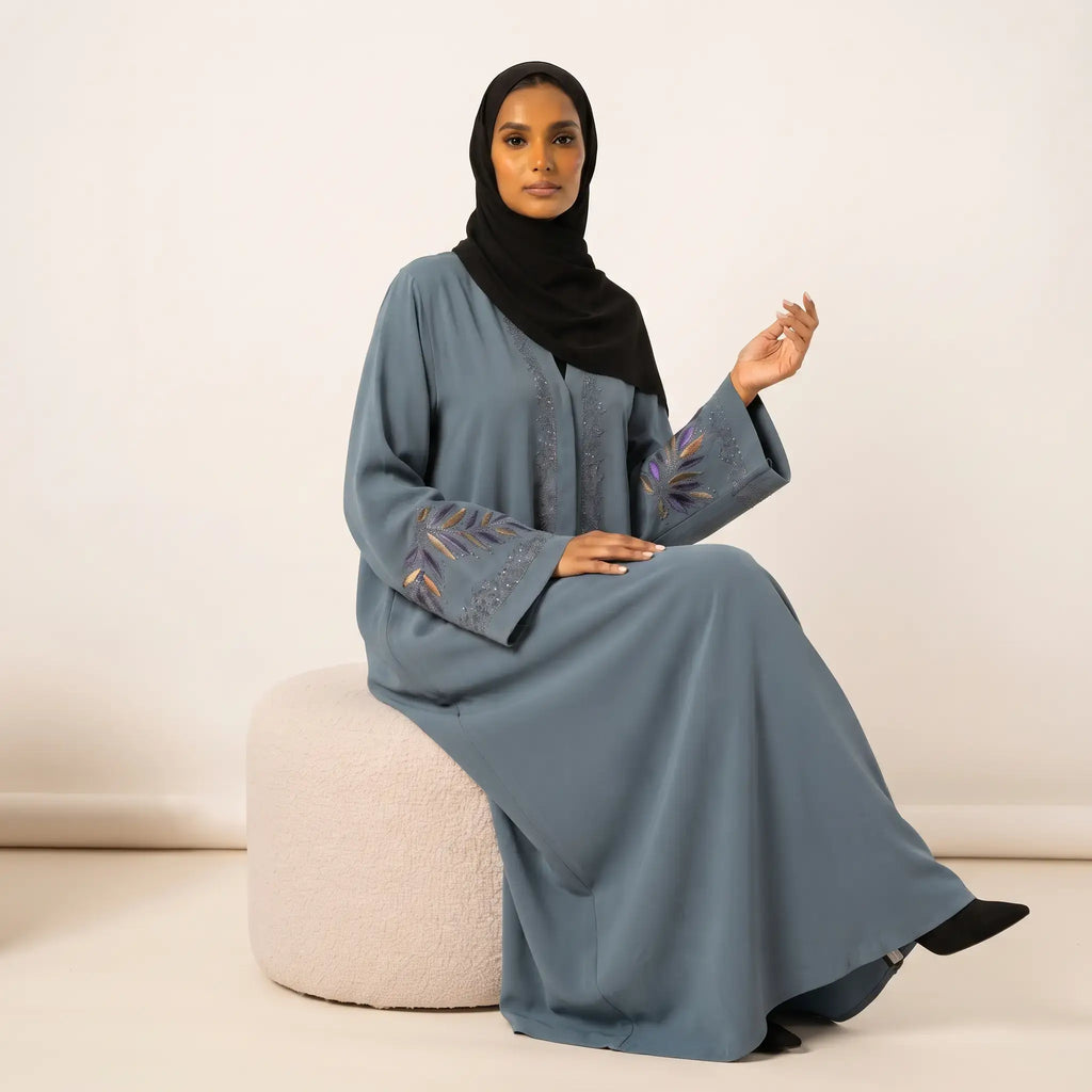 Spiral Stone Trail Vine Embroidered Corner Abaya – 2-Piece Front Open Set