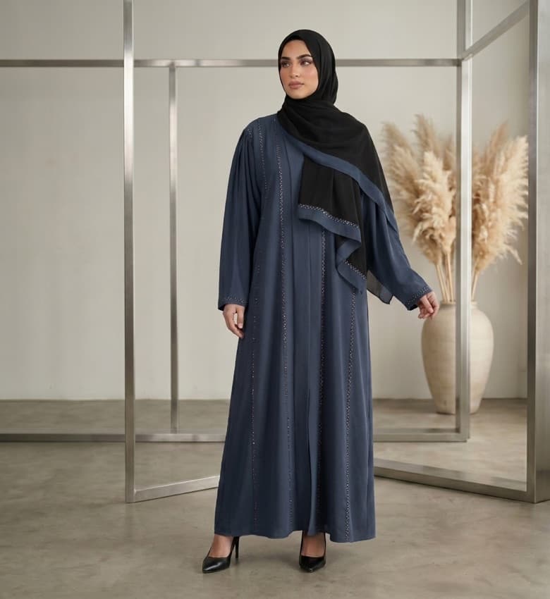 Stone Shimmer Pleated Sleeve Front Open Abaya – 2-Piece Luxury Party Wear Modest Fashion Canada