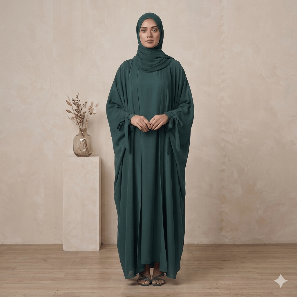 Ribbon Tie Cuff Open-Front Abaya – 4 Piece Complete Set | Modest Fashion Canada