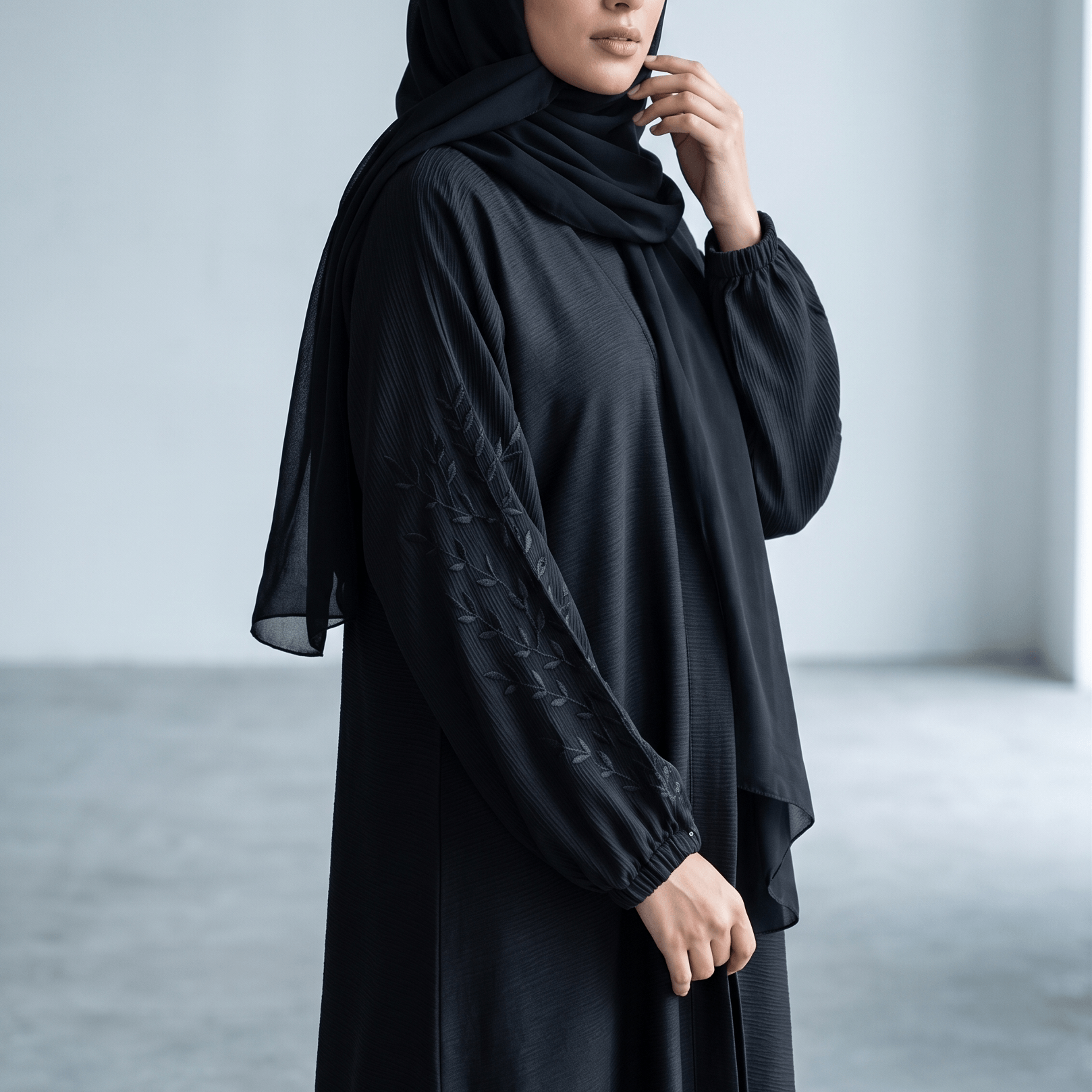 Embroidered Grip-Cuff Abaya with Scarf – 2 Piece Set
