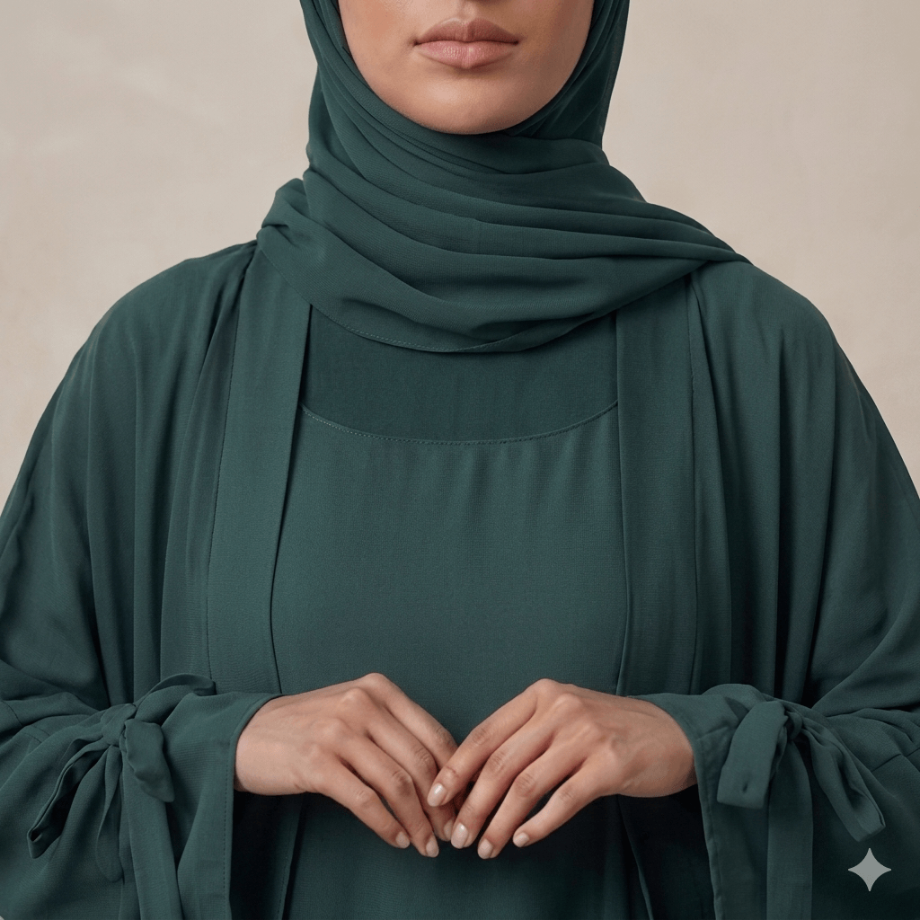 Ribbon Tie Cuff Open-Front Abaya – 4 Piece Complete Set | Modest Fashion Canada