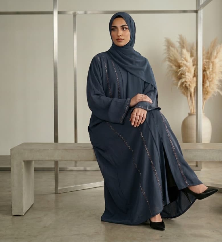 Stone Shimmer Pleated Sleeve Front Open Abaya – 2-Piece Luxury Party Wear Modest Fashion Canada