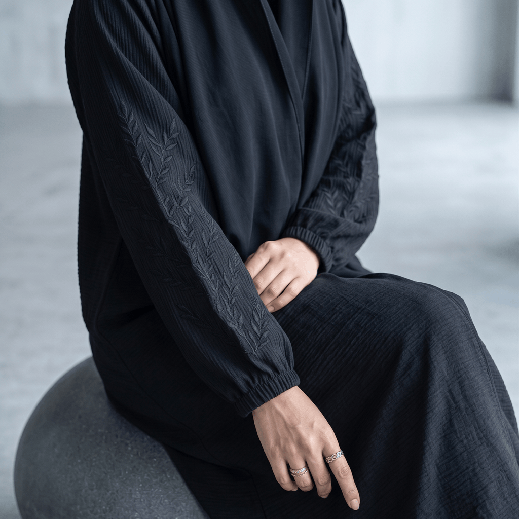 Embroidered Grip-Cuff Abaya with Scarf – 2 Piece Set