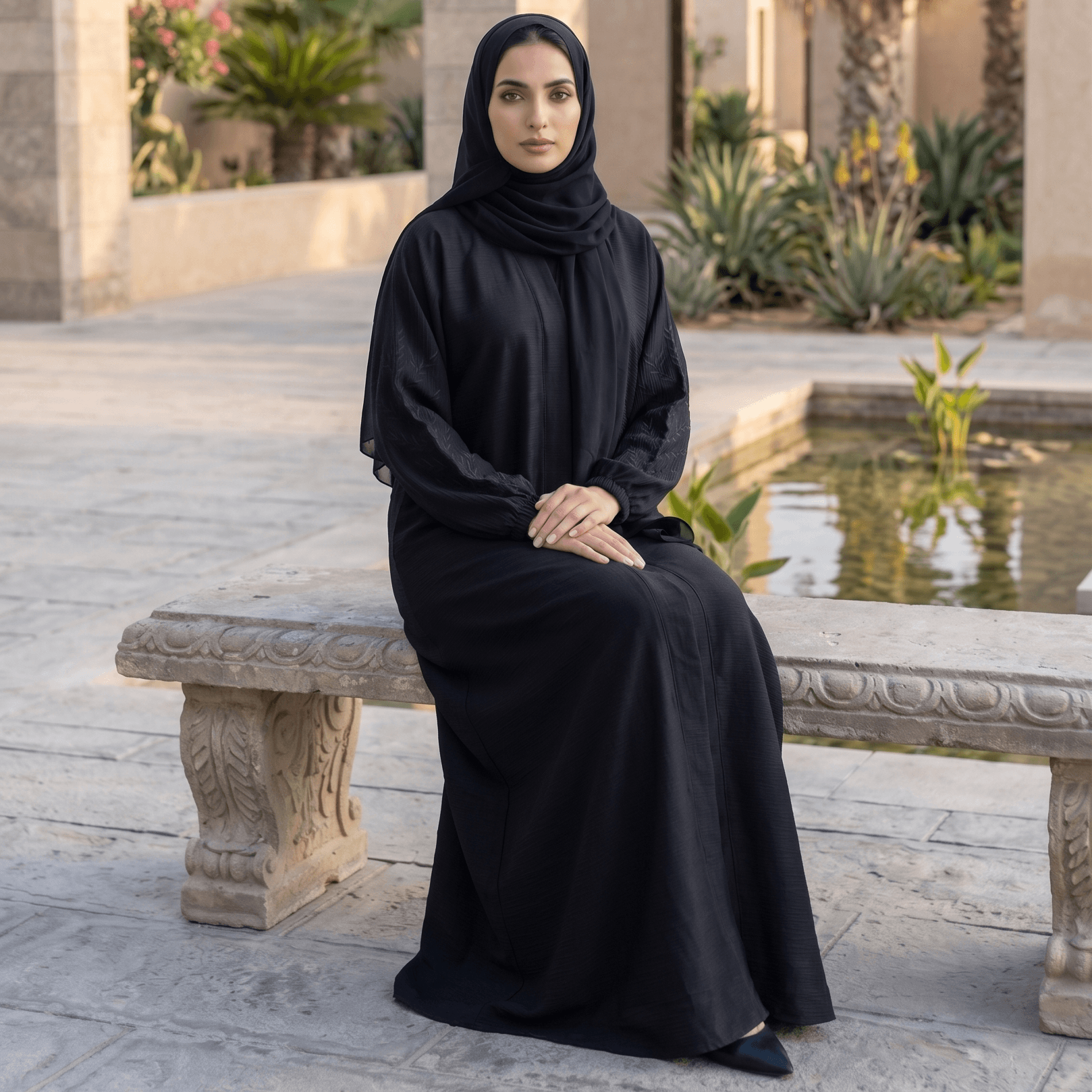 Embroidered Grip-Cuff Abaya with Scarf – 2 Piece Set