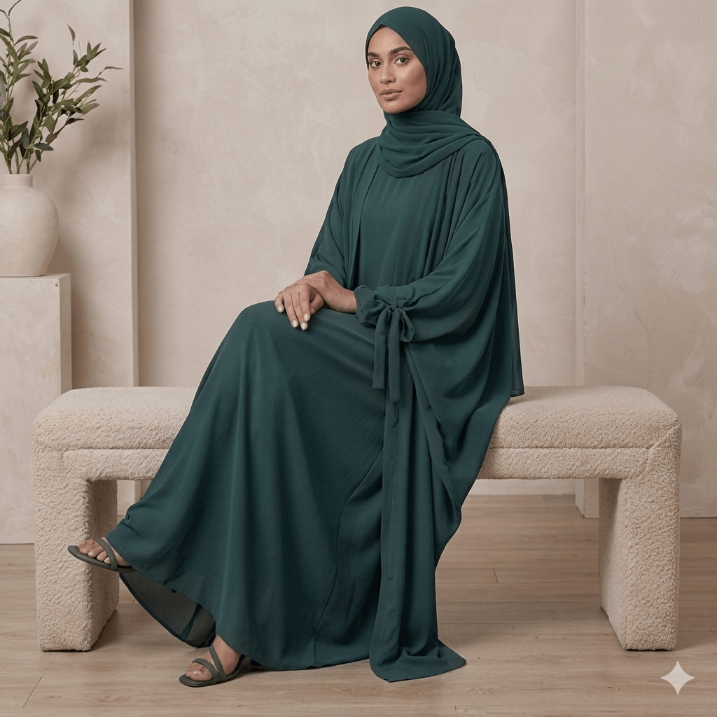 Ribbon Tie Cuff Open-Front Abaya – 4 Piece Complete Set | Modest Fashion Canada