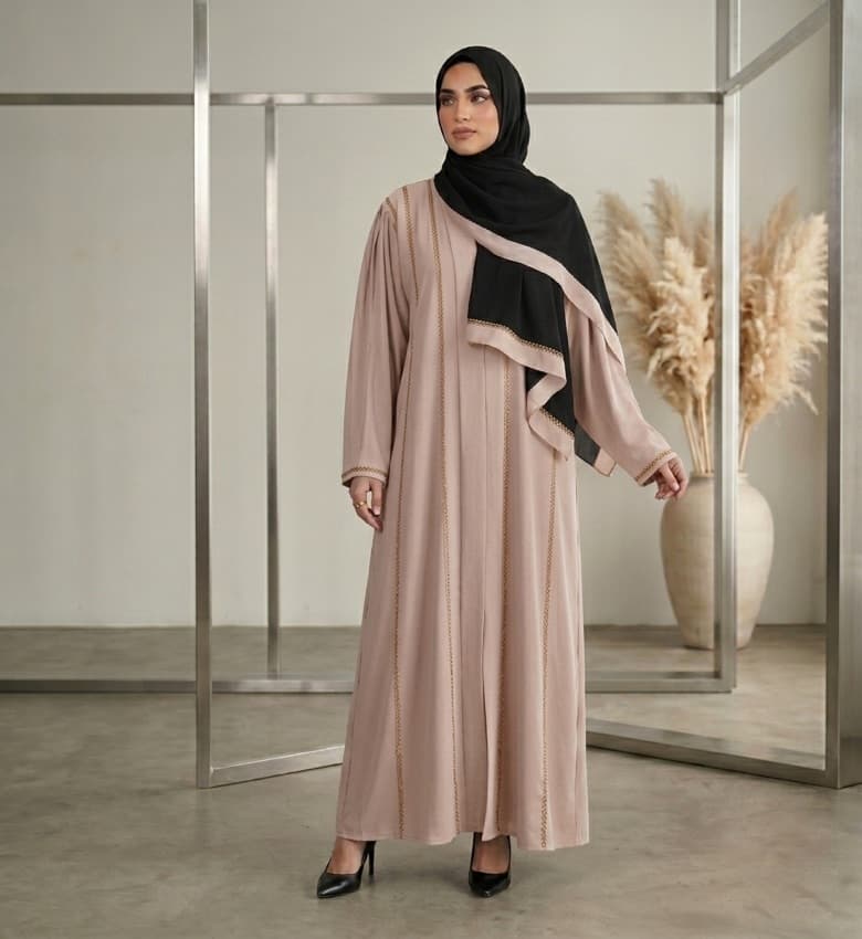 Stone Shimmer Pleated Sleeve Front Open Abaya – 2-Piece Luxury Party Wear Modest Fashion Canada