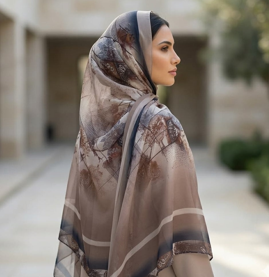 Taupe Floral Crosshatch Print Chiffon Scarf – Hijab