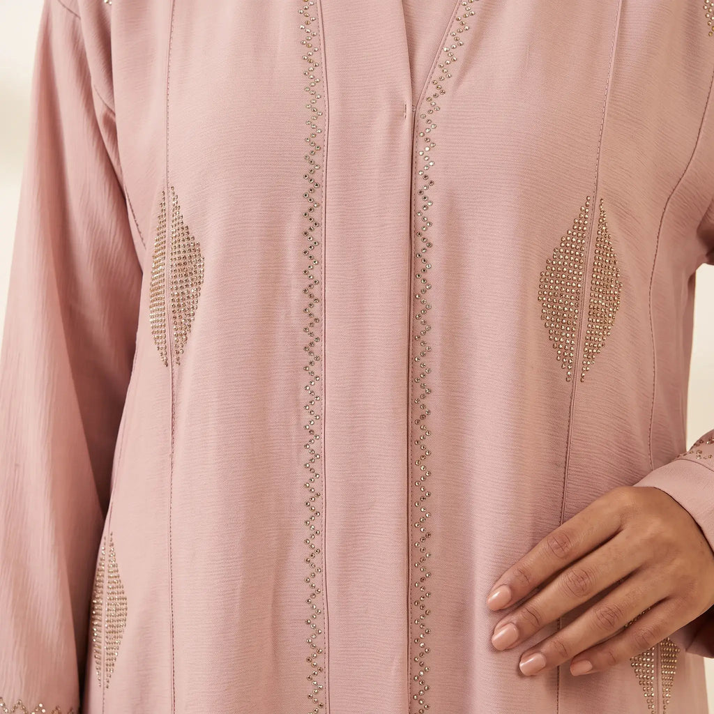 Blush Pink abaya – diamond bead cluster and zigzag detail close-up