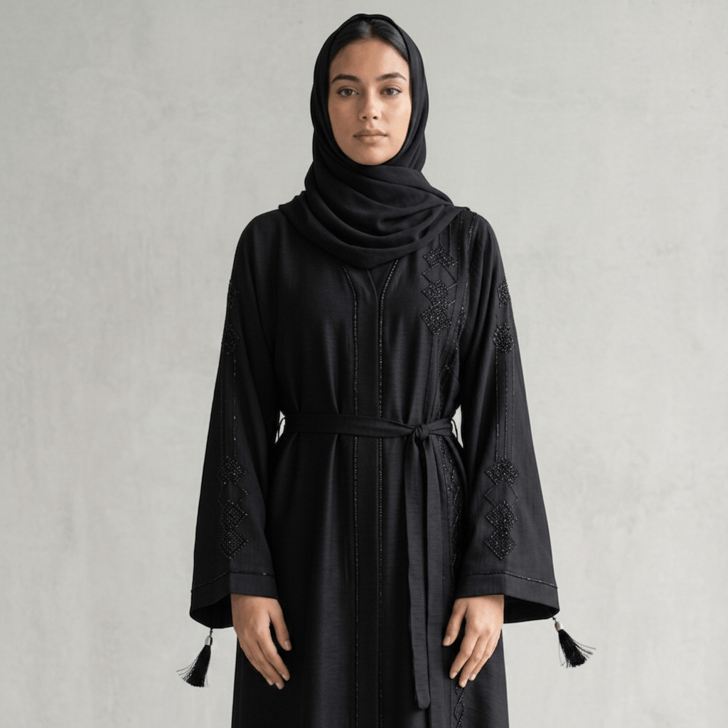Diamond Embroidery Crinkle Nida Abaya with Scarf – 2 Piece Set