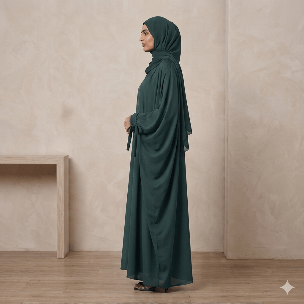 Ribbon Tie Cuff Open-Front Abaya – 4 Piece Complete Set | Modest Fashion Canada