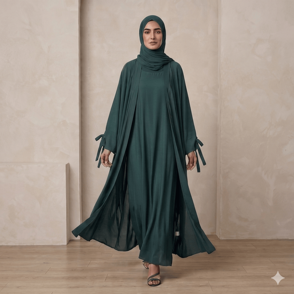 Ribbon Tie Cuff Open-Front Abaya – 4 Piece Complete Set | Modest Fashion Canada