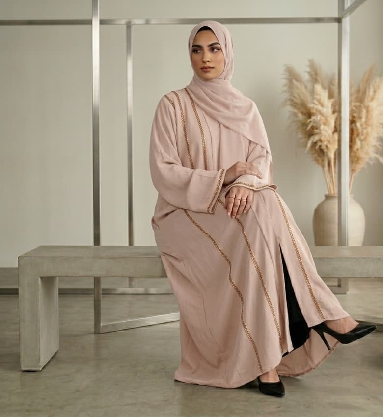 Stone Shimmer Pleated Sleeve Front Open Abaya – 2-Piece Luxury Party Wear Modest Fashion Canada