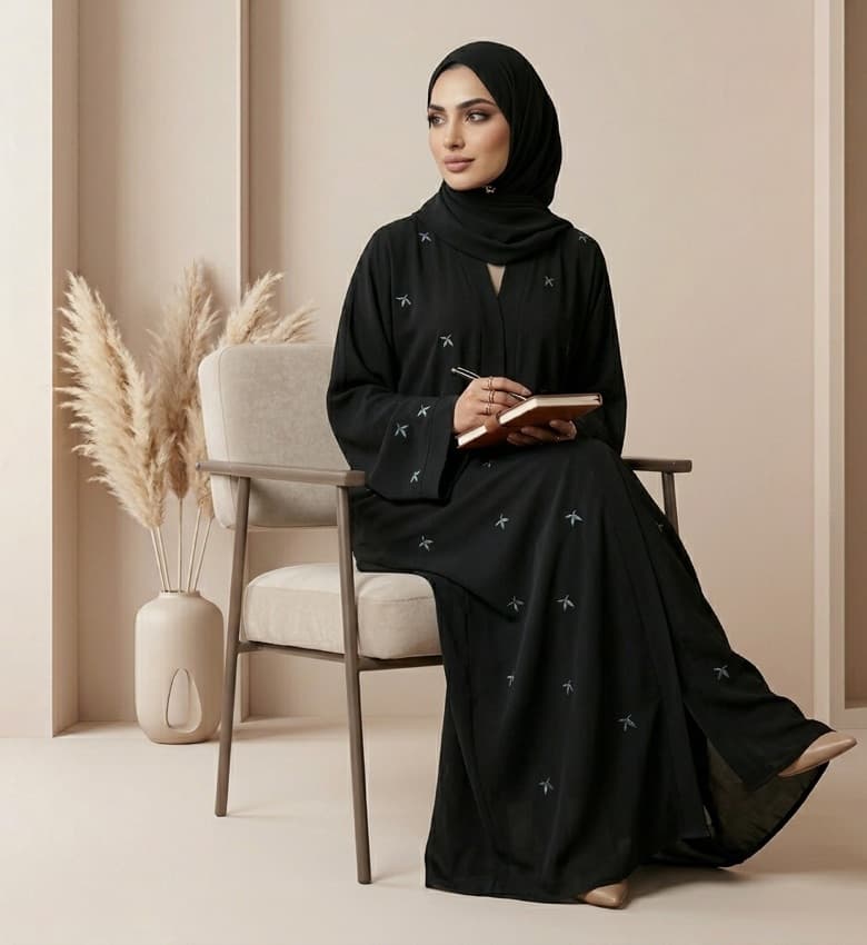 Scattered Star Motif Embroidered Front Open Abaya – 2-Piece Casual Modest Fashion Canada