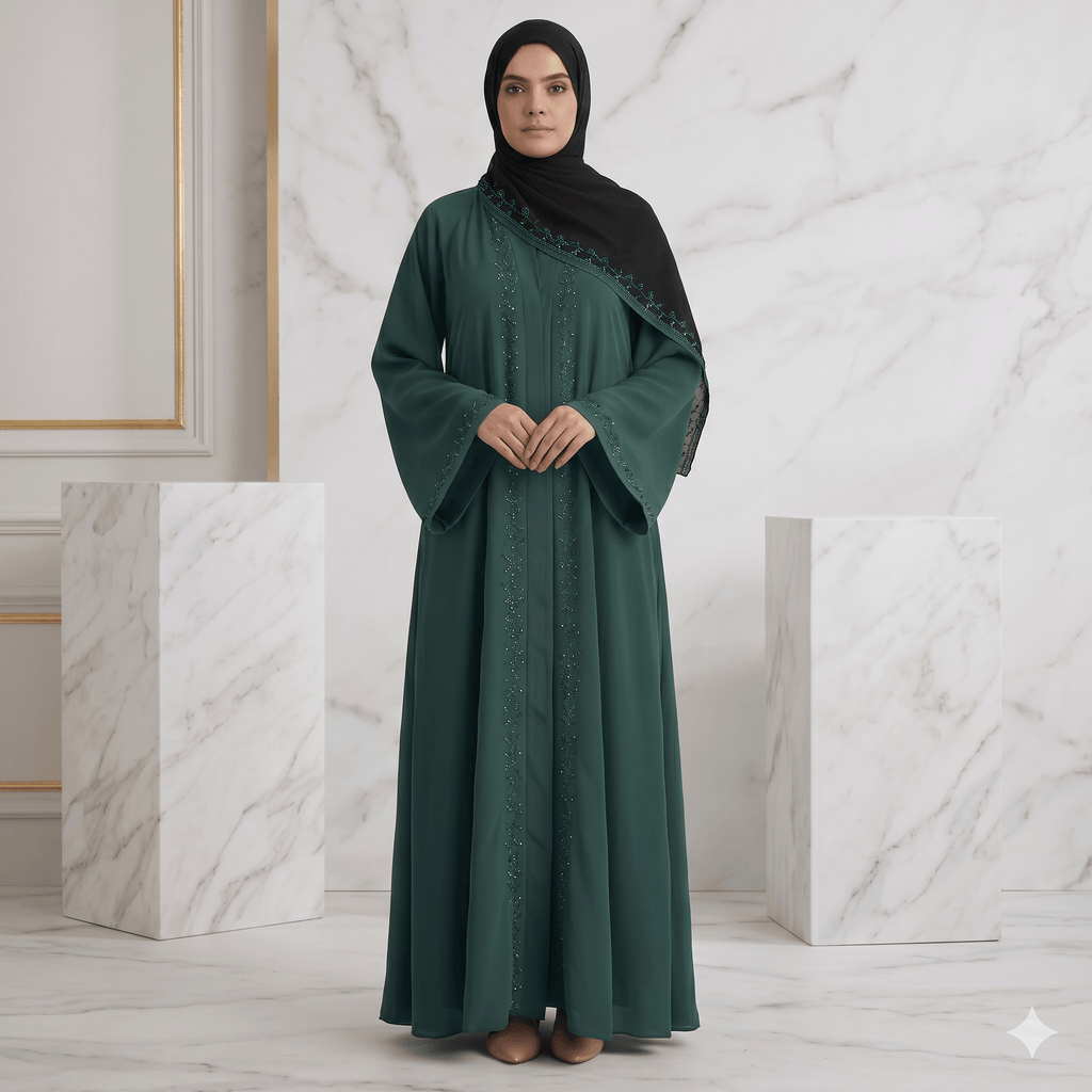 2PC Front Open Stone Work Abaya with Bell Sleeves – Nida Fabric
