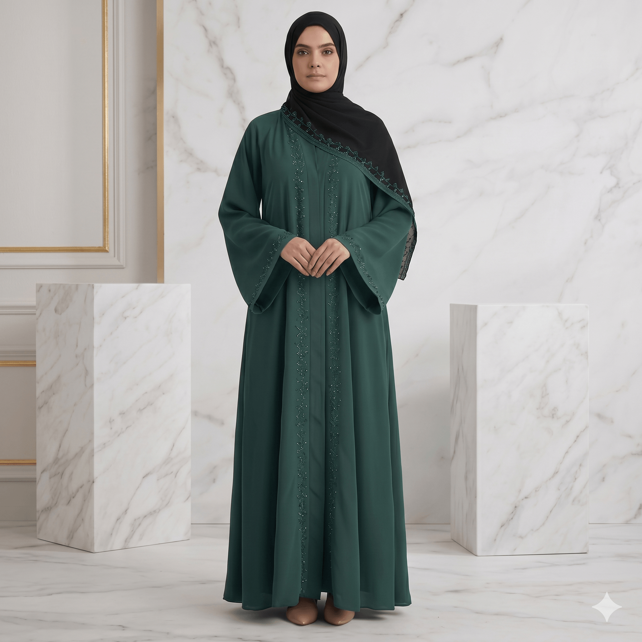 2PC Front Open Stone Work Abaya with Bell Sleeves – Nida Fabric