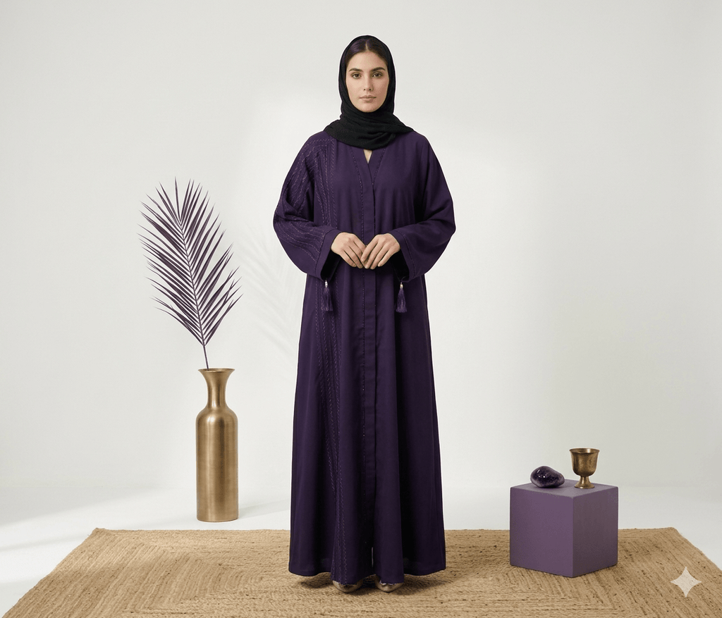Tassel Embroidered Open-Front Abaya with Black Scarf – 2 Piece Set – Detail View | North Abaya Canada