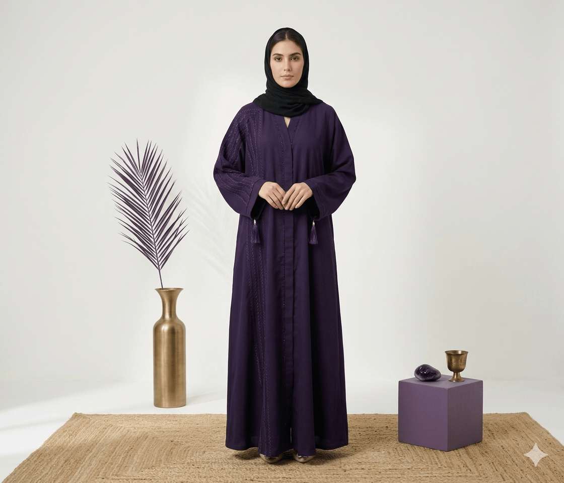 Tassel Embroidered Open-Front Abaya with Black Scarf – 2 Piece Set – Detail View | North Abaya Canada