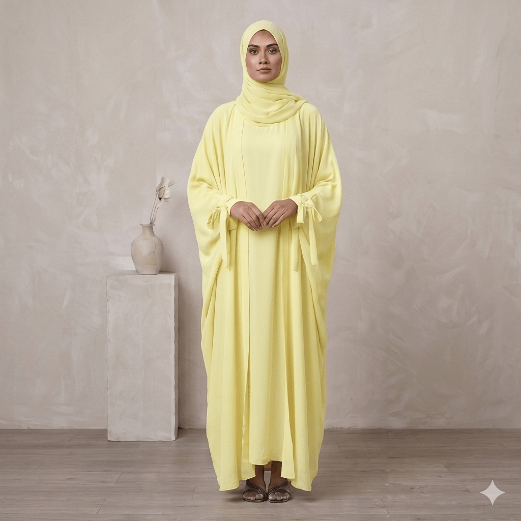 Ribbon Tie Cuff Open-Front Abaya – 4 Piece Complete Set | Modest Fashion Canada
