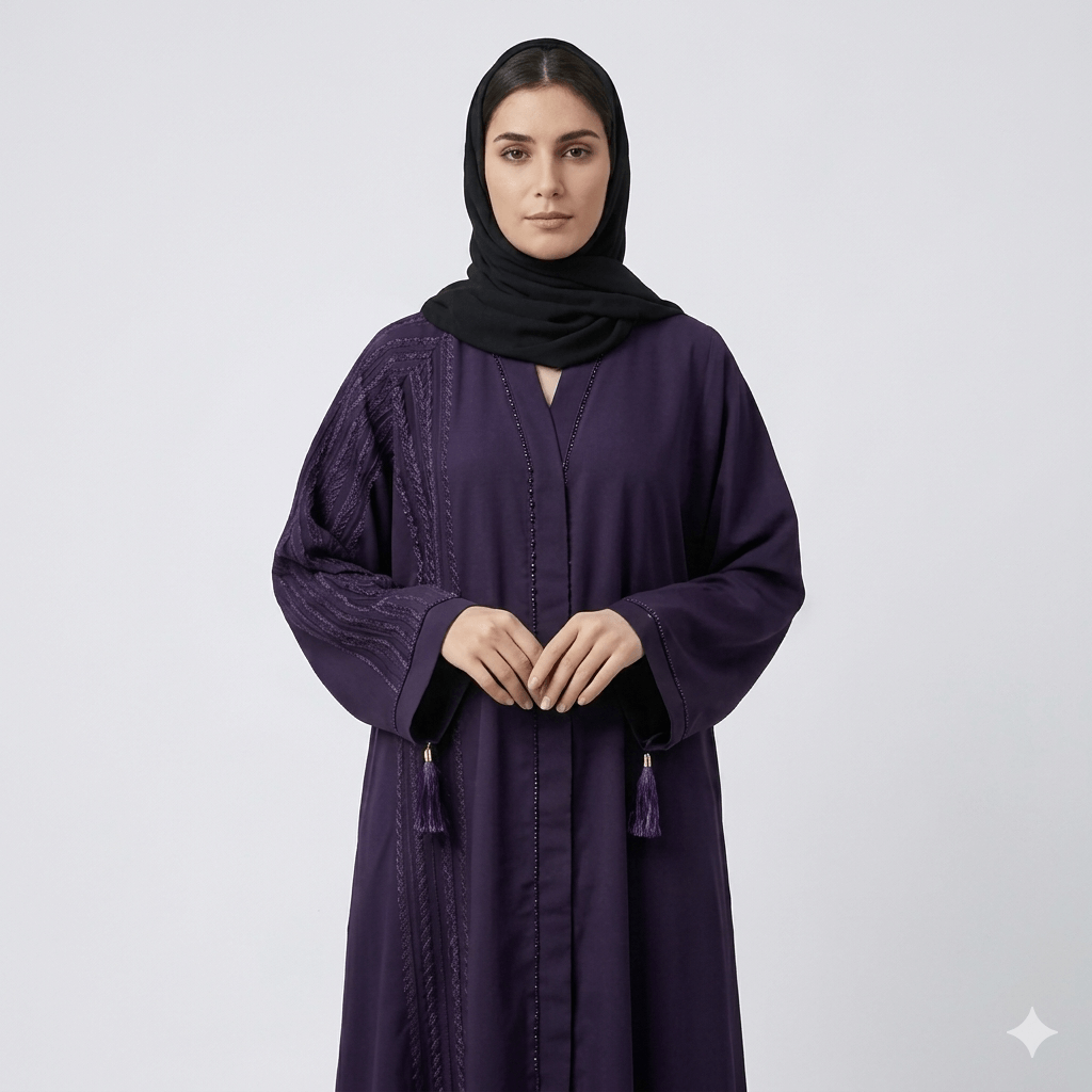 Tassel Embroidered Open-Front Abaya with Black Scarf – 2 Piece Set – Detail View | North Abaya Canada