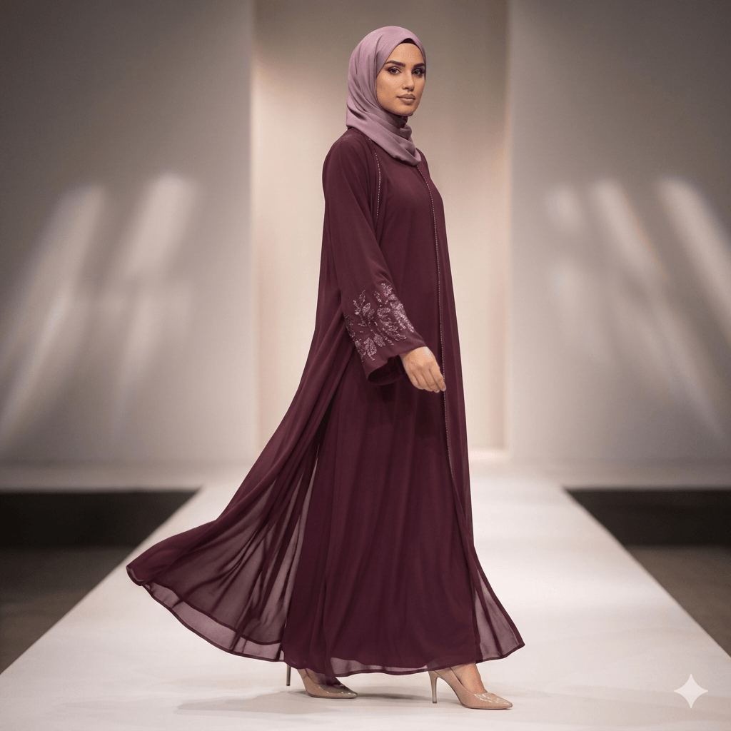 Chiffon Floral Cuff Abaya Gown – 3 Piece Set