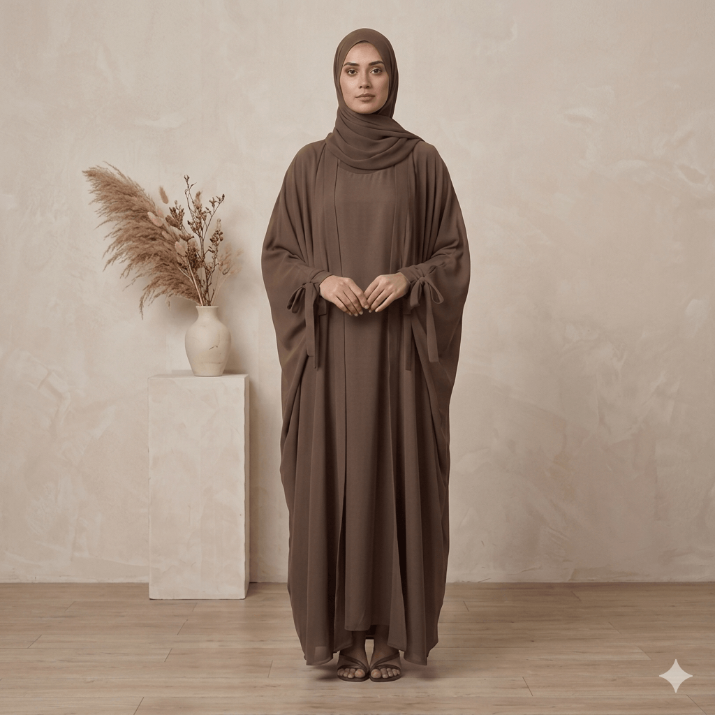 Ribbon Tie Cuff Open-Front Abaya – 4 Piece Complete Set | Modest Fashion Canada