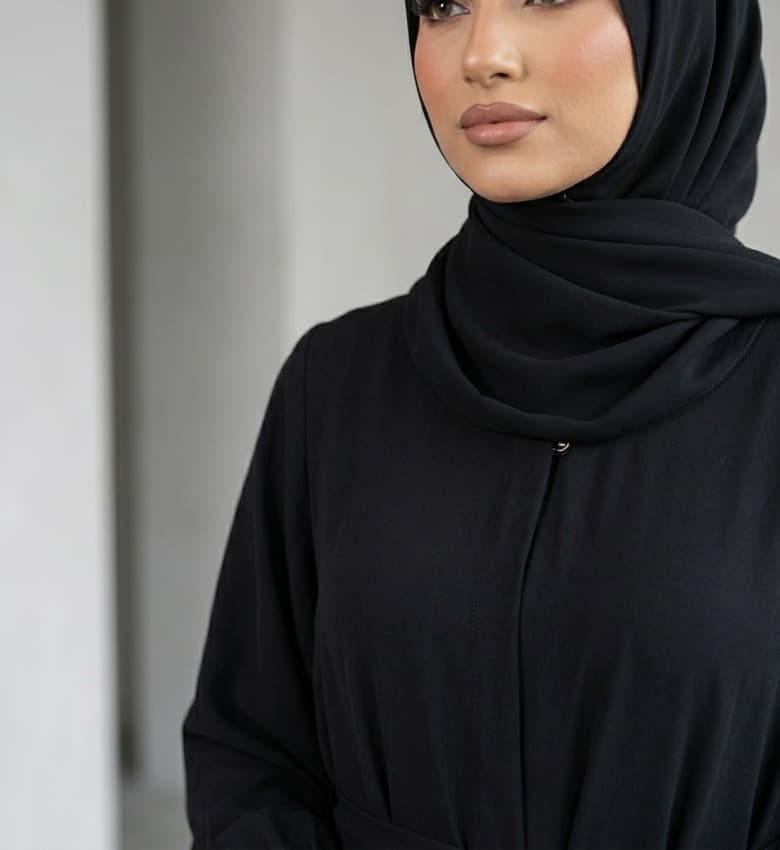 Belted Pleated-Sleeve Front Open Abaya – Premium Black Nida Modest Fashion Canada