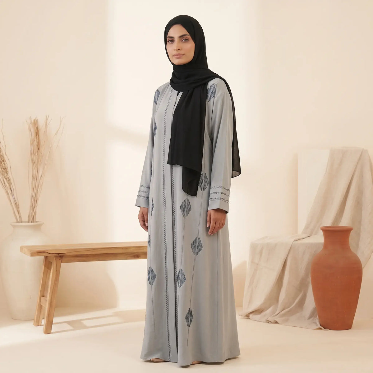 Grey abaya – diamond bead cluster and zigzag detail close-up