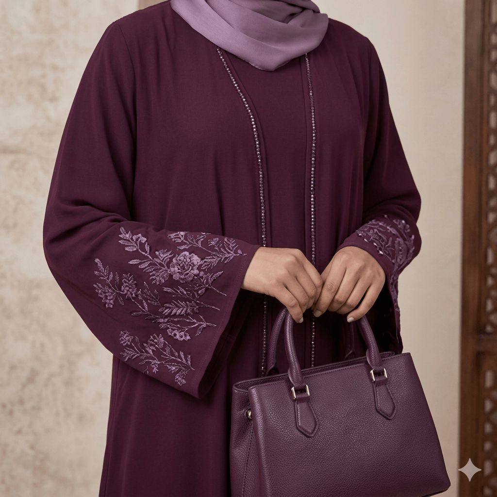 Chiffon Floral Cuff Abaya Gown – 3 Piece Set
