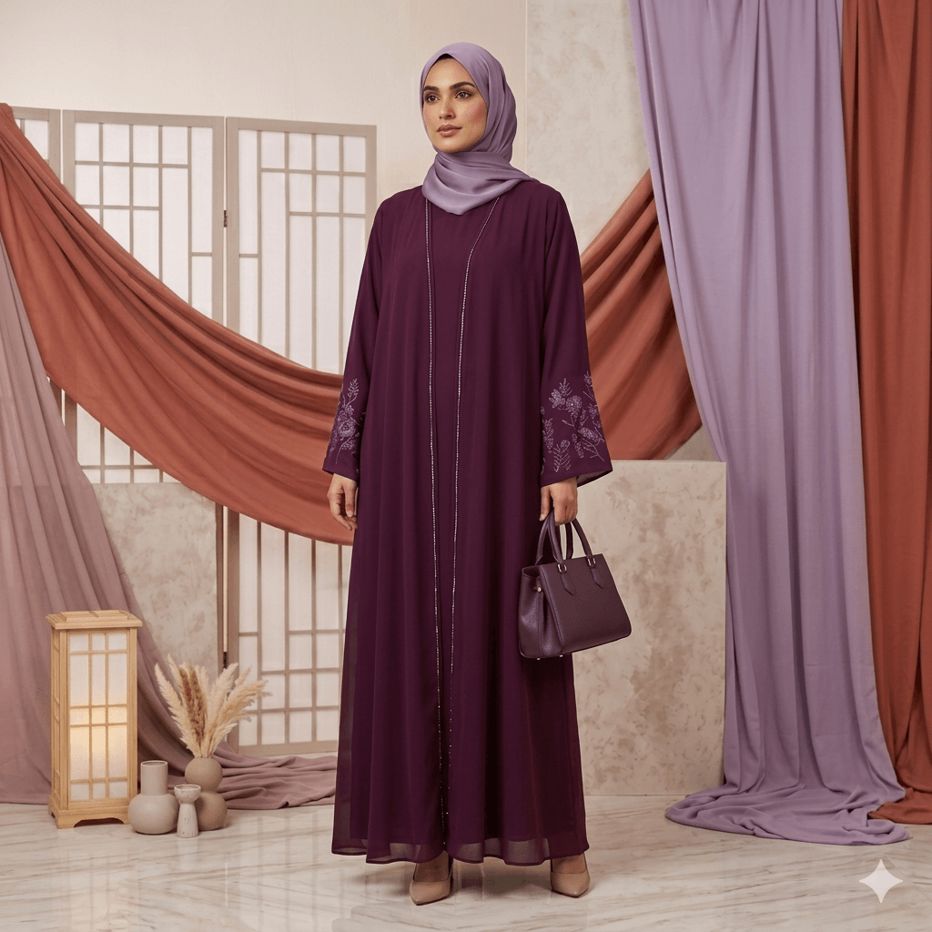 Chiffon Floral Cuff Abaya Gown – 3 Piece Set