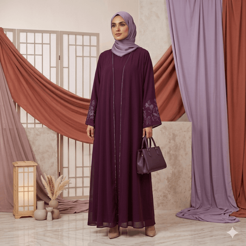 Chiffon Floral Cuff Abaya Gown – 3 Piece Set