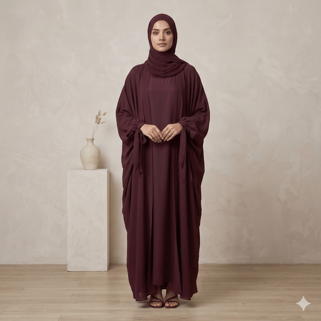 Ribbon Tie Cuff Open-Front Abaya – 4 Piece Complete Set | Modest Fashion Canada