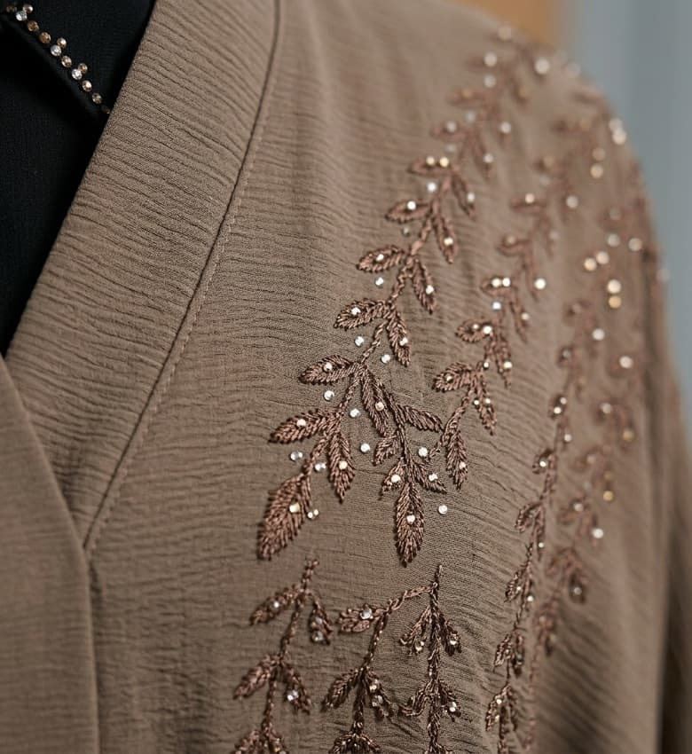 Embroidered Tassel Sleeve Belted Open-Front Abaya – Blue Nida Canada – Detail View | North Abaya Canada