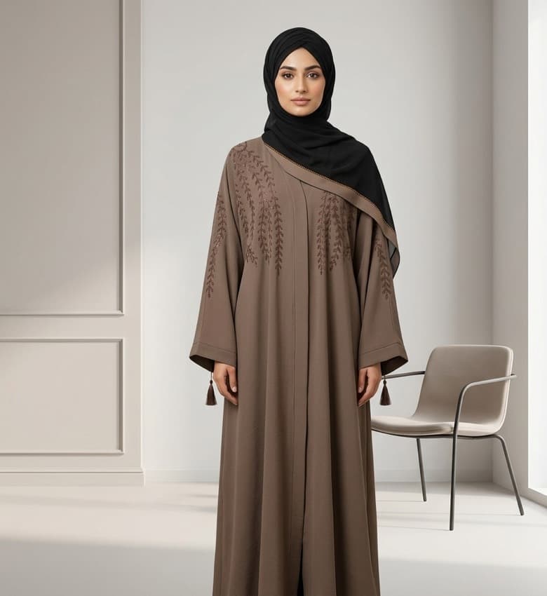 Embroidered Tassel Sleeve Belted Open-Front Abaya – Blue Nida