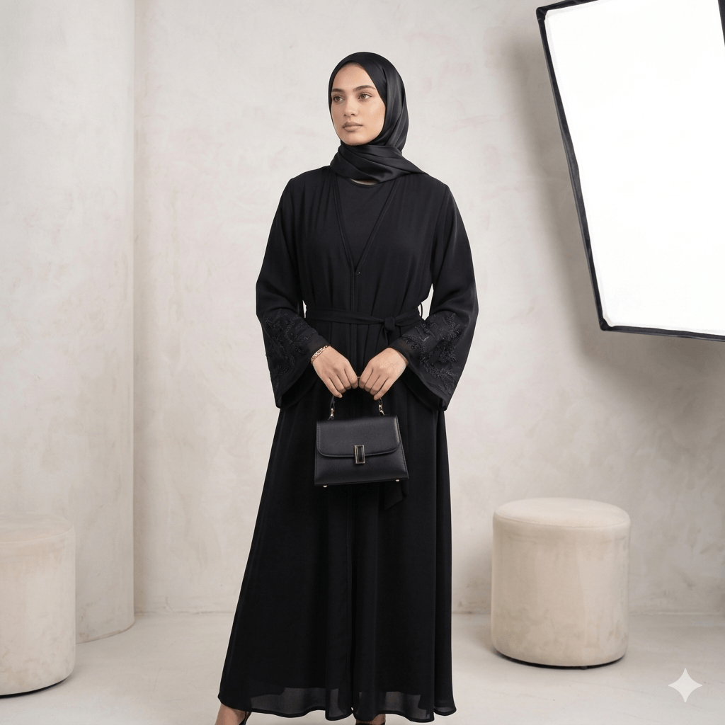 Lace Trim Abaya with Inner & Scarf – 3 Piece Set